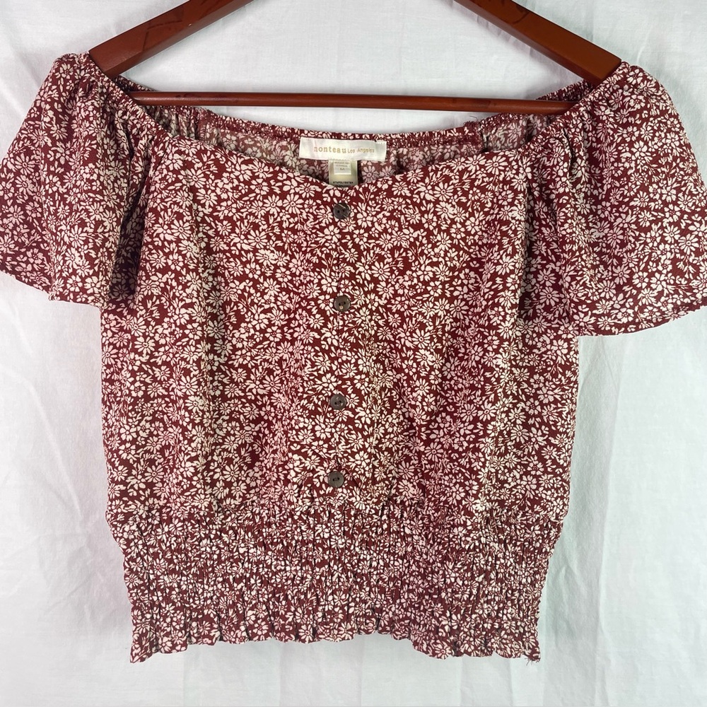 Monteau Women's Cropped Blouse Size M Smocked Waist flutter Sleeve Pink Floral
